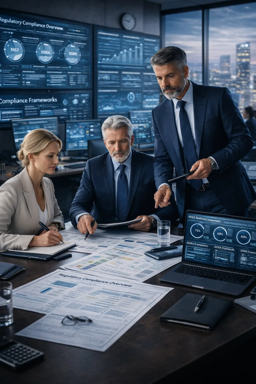 Viši konzultanti pregledavaju artefakte regulatorne usklađenosti, nadzorne ploče i materijale provedbe